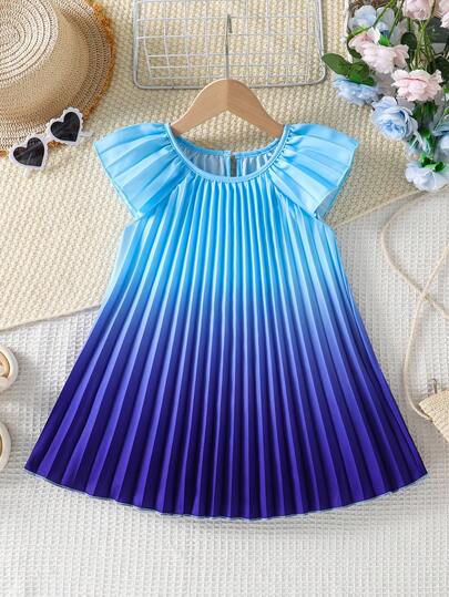 SHEIN Young Girl' Blue Ombre Pleated Dress, Elegant & Comfortable, Suitable For Holidays, Vacations, Outings, Relaxation And Entertainment
