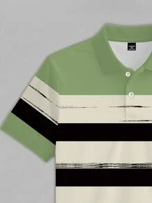 Manfinity Homme 男士绿黑条纹 Polo 衫，成熟风格胸前字母 Logo 休闲短袖上衣，轻便商务休闲撞色领短袖 T 恤，日常通勤 Polo 衫 - 彩色 - 查看 5