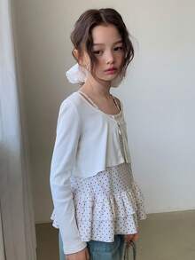 Dazy Kids 女童波点长袖T恤和外套两件套，加大码 - 白色 - 查看 2