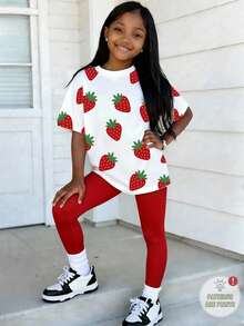 2pcs/Set Young Girls Strawberry Print Short Sleeve T-Shirt And Skinny Pants,Comfortable Fashionable Summer Outfits For Home,Vacation,Holidays,SS26 - Multicolor - View 3
