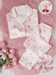 Bộ đồ ngủ thoải mái cho bé gái tuổi teen, gồm áo khoác cardigan in nơ dễ thương và quần dài, thích hợp cho mùa hè và du lịch. - Hồng - Xem 4