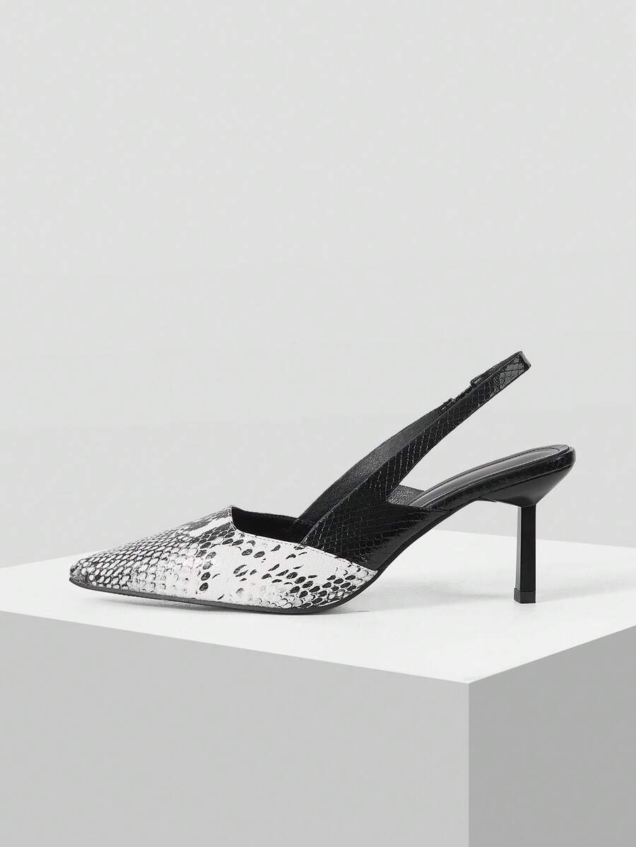Mnmlis Spring And Summer Snake Pattern Design Pointed Toe Personalized Wind Slingback High Heels Shoes Workplace Commuting - Black and White - View 1