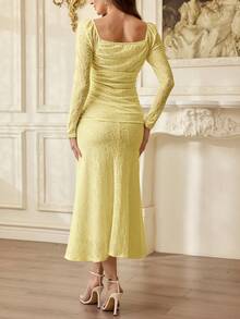 Vintamour Vintage Classic Elegant Women's Dress, Spring/Summer Fitted Jacquard Knit Dress, Square Collar Dress, Mermaid Hem Bodycon Dress, Apricot Dress - Pale Yellow - View 2