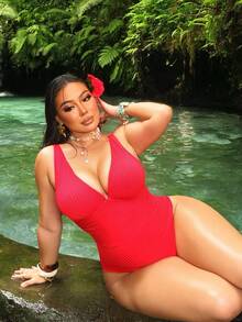 Swim SXY 大码女士纯色褶皱连体泳衣，适合海滩度假、泳池派对、沙滩派对 - 紅色 - 查看 4