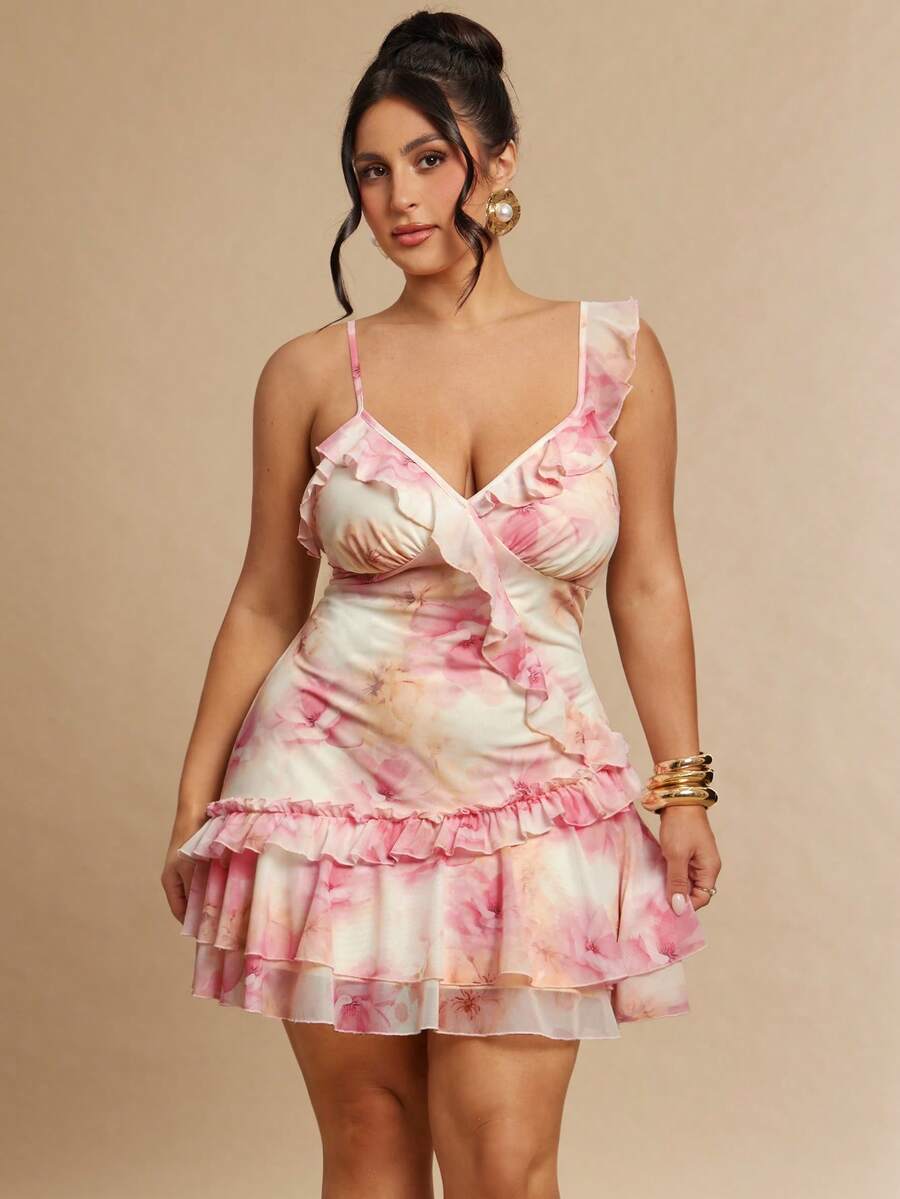 Gossip Girl X SHEIN SHEIN BAE 大码女式印花荷叶边交叉层叠下摆时尚连衣裙