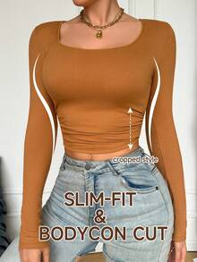 Women's Solid Color Undershirt, Long Sleeves, Square Neck, Minimalist And Comfortable - Brown - View 3