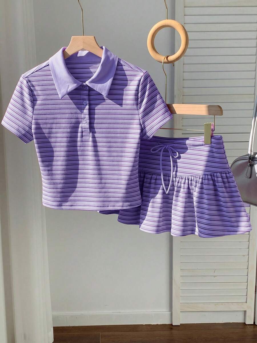 Comfortcana Bộ đồ nữ thời trang xuân/hè 2026 mới, áo thun ngắn tay kẻ sọc và chân váy mini, trang phục mùa hè cho nữ, ngày Valentine, trang phục đi biển, phong cách Y2K màu tím. - Nhiều màu - Xem 1