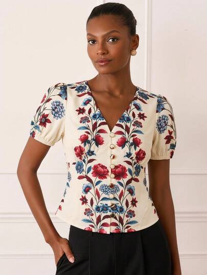 Lilora Women's Elegant Floral V-Neck Short Petal Sleeve Blouse