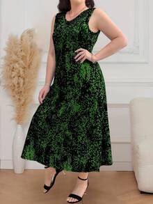 EMERY ROSE Plus Size Allover Print Sleeveless Round Neck Summer Dress For New Year Clothes Maxi Women Outfit - Green - View 5