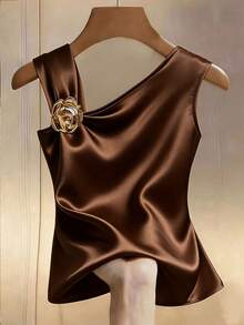 Franclia 女士时尚优雅纯色3D立体花卉无袖T恤 - 卡其色 - 查看 4