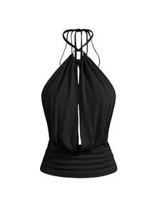 ROMWE Halter Neck Hollow Out Backless Vest - Black - View 5