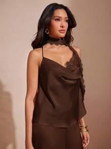 Hauture Áo hai dây satin cổ đổ phối khăn choàng cho nữ, thích hợp cho dịp lễ hội, năm mới và hẹn hò. - Cà phê nâu - Xem 5