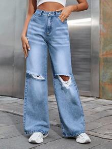 SHEIN EZwear 大码女式休闲破洞牛仔裤 - 中等水洗藍 - 查看 4