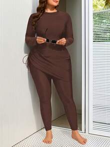 Swim Mulvari Plus Size Women 2pcs Solid Color Modest Middle East Style Long Sleeve & Long Pants Swimwear Set - Coffee Brown - View 3