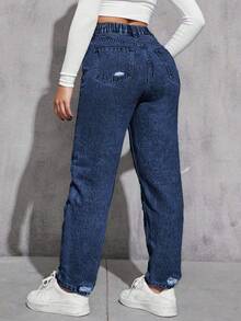 Jeanoix Plus Size Women Casual Vacation Street Ripped Loose Fit Light Grey Denim Jeans - Blue - View 2