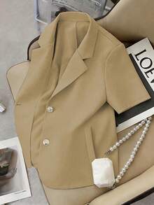 Franclia Áo khoác blazer tay ngắn màu trơn mới, kiểu dáng tối giản, phù hợp cho công sở. - Màu Khaki - Xem 1