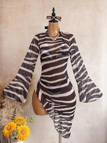 Swim Vcay Conjunto de Vestido Feminino de Verão para Praia com Listras Pretas & Rosas em Tela de Manga Longa, Conjunto de Maiô Bikini com Amarração na Frente e Costas Abertas, Vestido Ajustado com Bainha Assimétrica e Flare, Roupa de Praia Casual de Férias 3 Peças - Amarelo - Visão 3