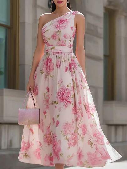Balvessa Vestido de gasa floral elegante con diseño de cuello asimétrico, dobladillo con volantes, para citas, fiestas, primavera/verano, vestido largo para mujer