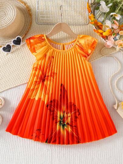 SHEIN Young Girl' Vibrant Orange Floral Pleated Dress, Fashionable Versatile Elegant Comfortable, Suitable For Outings, Holidays, Relaxation, Parties And Dining
