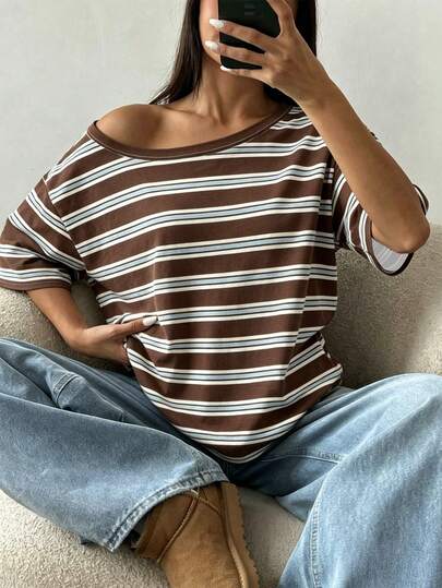 DrmWander Große Größen Bestseller gestreiftes klassisches T-Shirt mit offenen Schultern, modischer Y2K Street-Style Sommer Outfit für Frauen, lässiges Oberteil