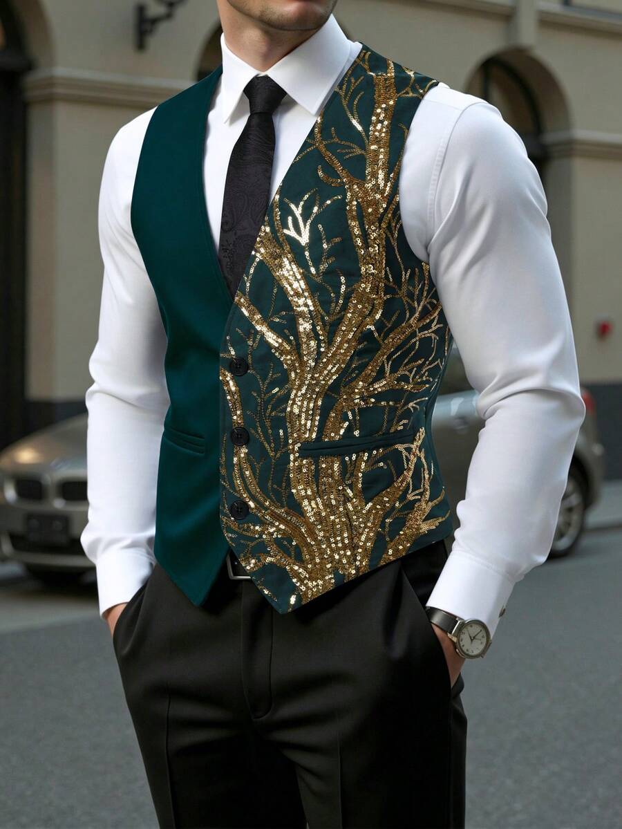 Calvornis Men's Party Banquet Patchwork Sequin Botanical Pattern Performance Dinner Waistcoat - Green - View 1