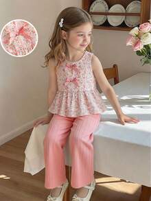 SHEIN Elladie kids 女童两件套碎花套装，粉色蝴蝶结装饰无袖上衣+纹理阔腿裤，甜美可爱夏季休闲装 - 粉色 - 查看 3
