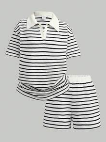 SHEIN 少女条纹方领宽松长袖T恤和松紧腰条纹裤两件套，休闲舒适套装，春夏款 - 黑與白 - 查看 4