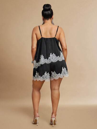SHEIN BAE Plus Size Women's Black 2pcs/Set Imitation Silk & Lace Cami Top And Shorts Set Spring To Summer Valentine's Day Sexy Crystal Vow Laceadults ,Women's Satin Camisole And Shorts Pajama Set With Black Lace Trim Elegant Blcak Satin Sleepwear Set For Women With Delicate Black Lace Detail Luxurious Women's Two Piece Satin Pajama Set Featuring Lace Edging And Adjustable Straps Satin Sleepwear Setpajama Sets For Women Satin Satin Pj Set Blcak Silk Pajamas Silk Sleepwear
