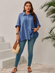 EMERY ROSE Plus Size Women's Solid Color Batwing Sleeve Loose Single-Breasted Casual Shirt,Vacation Outfits Woman,Summer Clothes Fall - Dusty Blue - View 3
