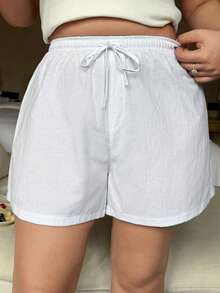 Dazy Plus Minimalist Striped Button Decor Short Pajama Bottoms, Plus Size Women's White Sleepwear Bottoms For Spring & Summer - White - View 6