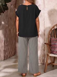 EMERY ROSE Casual Elegant Retro Black & White Striped Print Plus Size Women V-Neck Top And Loose Pants 2-Piece Set, Suitable For Summer, Black Set - Multicolor - View 2