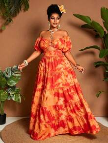 Maweii Plus Size Tie-Dye Print Off-Shoulder Casual Dress - Red - View 3