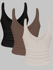 Franclia 2-3 Pcs Set Summer Fitted Short Leopard Print & Solid Color V-Neck Camisole For Women - Multicolor - View 2