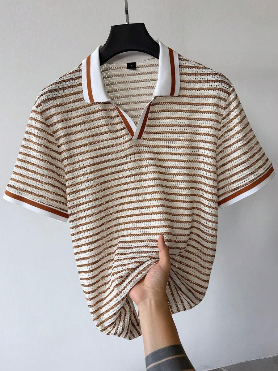 Manfinity Homme Men's Stylish Striped Knit Polo Shirt, White And Brown,Summer Smart Casual Short Sleeve Top,Breathable Vintage Old Money Retro For Vacation - Brown - View 1