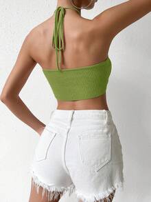 SHEIN VCAY 女士纯色吊带系带休闲百搭日常针织上衣 - 綠色 - 查看 2