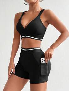 BamGleam Women Round Neck Short Sleeve Letter Printed Top + Spaghetti Strap Crisscross Back Striped Patchwork Bra And Shorts, 3pcs Slim Fit Casual Sports Set Workout Women Setwomen Workout Set Gym Women Outfit - Black and White - View 7