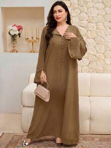 Al Najma Plus Size Women's Leopard Print Patchwork Button Design Long Sleeve Abaya - Brown - View 5