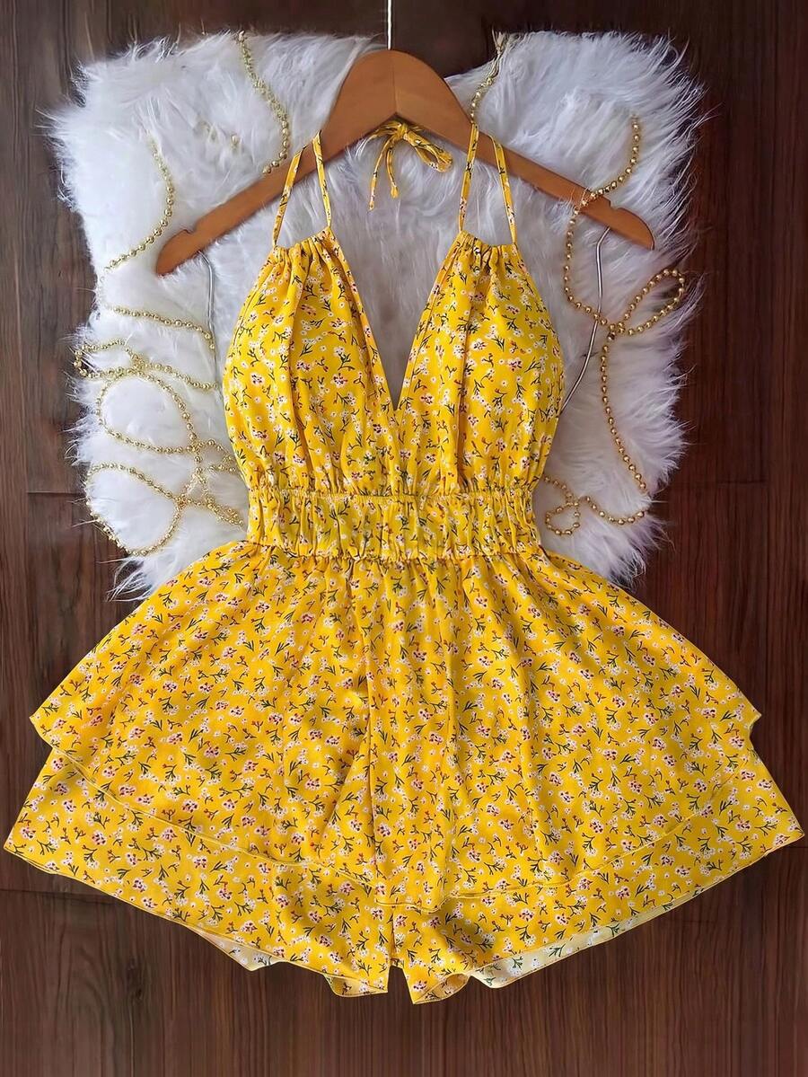 Flirla Plus Size Women Backless Vacation Floral Print Camisole Romper With Double Ruffle Hem - Yellow - View 1