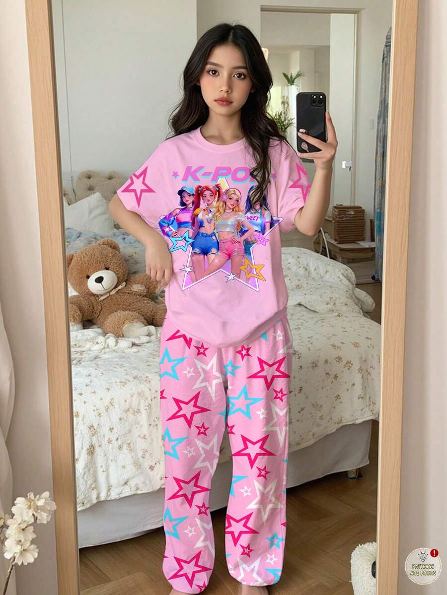Niña adolescente Casual Chica de dibujos animados, Crema colorida rosa, Superestrella K-Pop, Estampado de grupo de chicas de dibujos animados, Camiseta de manga corta de cuello redondo holgada y pantalones para uso en casa, Adecuado para primavera y verano - Multicolor - Ver 1