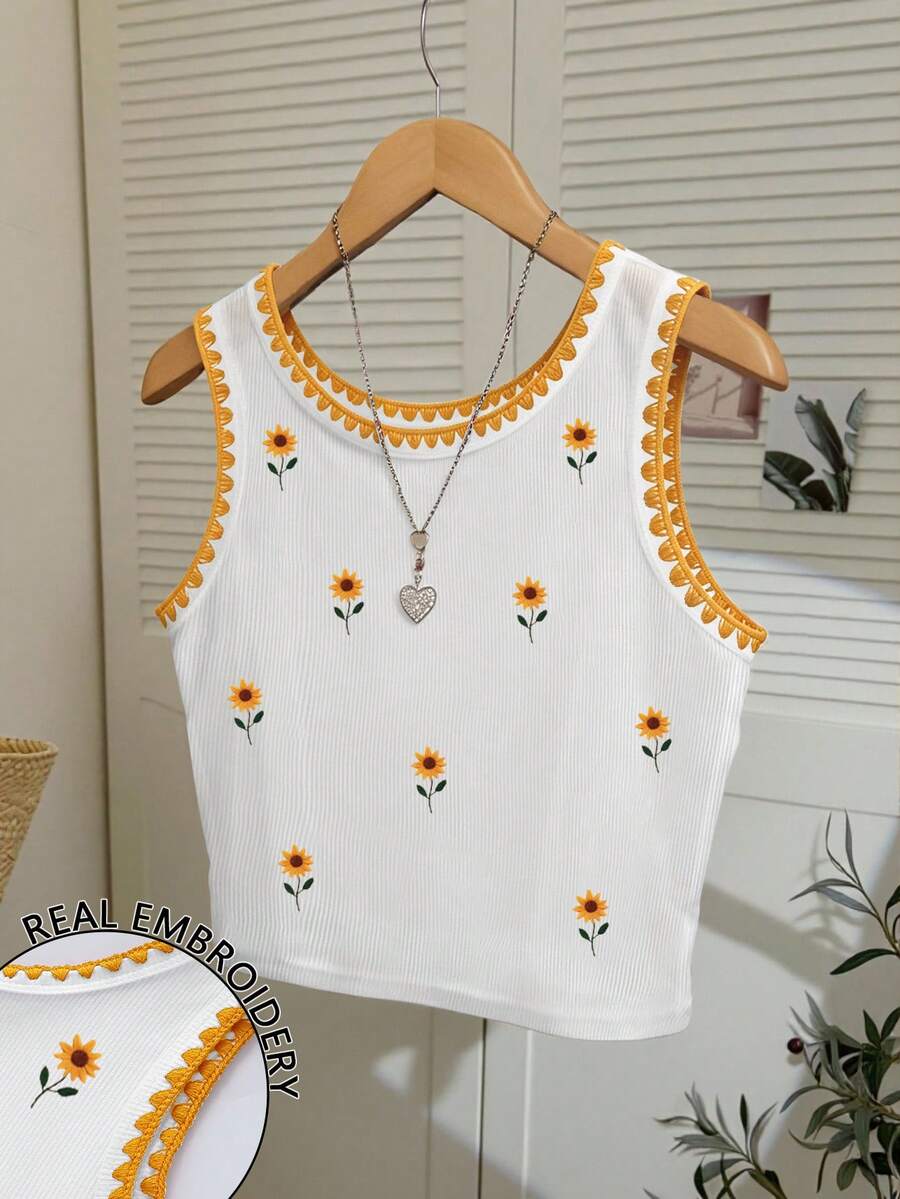 Resyla Tank Top Wanita Bordir Bunga Daisy, Camisole Modis dengan Hiasan Kerang - Putih - View 1