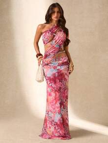 SHEIN BAE Women's Casual Boho Vacation Hollow-Out Mesh Floral Print Dress, Suitable For Beach, Sisters Leisure, Sexy Fuchsia Pink Floral Summer - Hot Pink - View 8