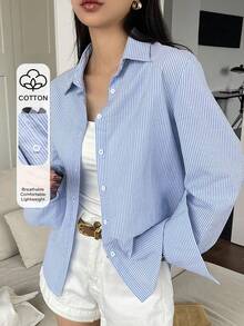 DAZY Women's Striped Long Sleeve Single-Breasted Casual/Work Shirt Petite - Blue - View 1