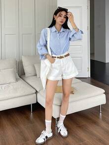 DAZY Women's Striped Long Sleeve Single-Breasted Casual/Work Shirt Petite - Blue - View 2