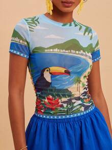 Travachic Women's Fitted Knit Mesh Printed Short Sleeve Round Neck Top, Suitable For Spring/Summer Vacation,Summer Top - Multicolor - View 8