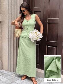 Modelyn Bộ đồ 2 mảnh thanh lịch dành cho nữ, chất liệu vải jacquard, mùa xuân/hè, cổ áo trang trí, eo thắt. - Màu xanh Bạc hà - Xem 1