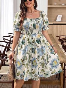 SHEIN LUNE CURVE Gaun Kasual Musim Panas Ukuran Besar Motif Bunga Leher Persegi Lengan Mengembang - MultiWarna - View 6