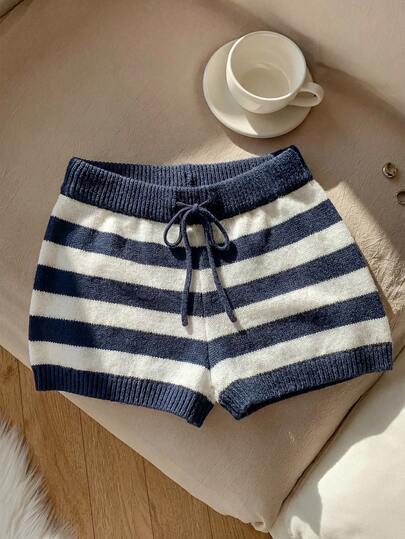 Comfortcana Women's Versatile Drawstring Waist Striped Contrast Color Knit Shorts