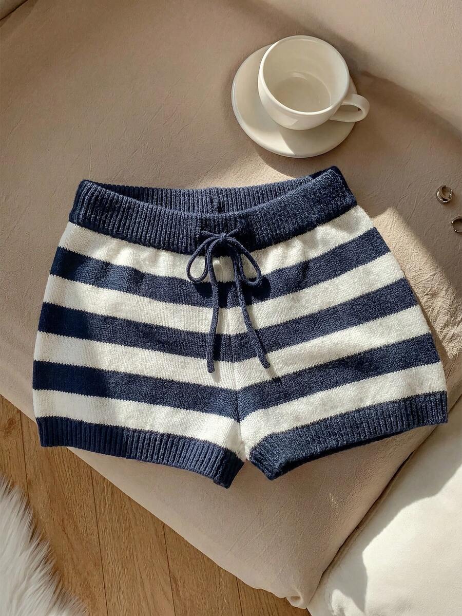 Comfortcana Women's Versatile Drawstring Waist Striped Contrast Color Knit Shorts - Blue and White - View 1