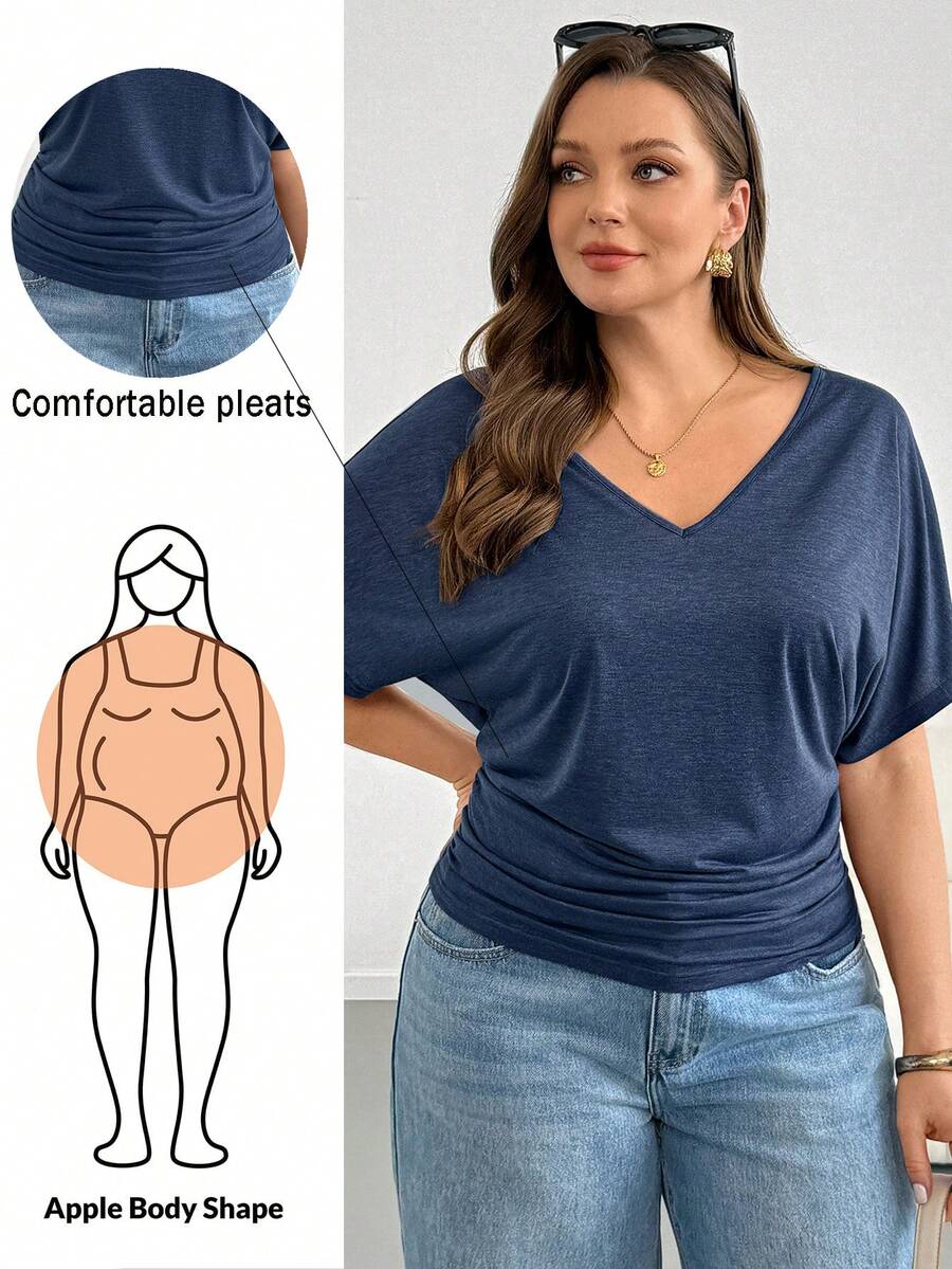 Shapeblank 大码女装春夏时尚休闲弹力轻盈凉爽日常百搭显瘦V领短袖束腰蓝色T恤，外出上衣，简约风格，欧洲夏季