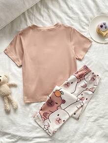 SHEIN 2件組男童幼兒休閒圓領短袖米色上衣與棕色長褲，印有趣味可愛水豚卡通圖案，適合夏季，輕盈柔軟針織親膚面料，舒適日常居家睡衣，適合室內放鬆穿著 - 彩色 - 查看 2
